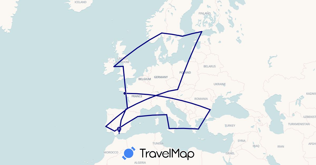 TravelMap itinerary: driving in Austria, Bulgaria, Spain, Finland, France, United Kingdom, Greece, Ireland, Italy, Norway, Portugal, Sweden, Slovenia (Europe)